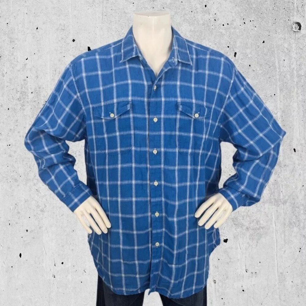 Tommy Bahama Linen Shirt Size XXL 2XL Blue Plaid